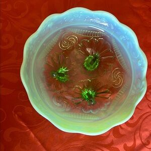 Elegant Jadeite Green and Blue Floral Glass Bowl